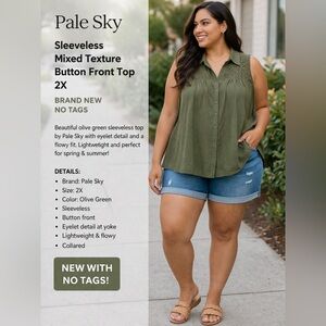 Pale Sky Olive Green Sleeveless Button-Front Shirt with Eyelet Yoke